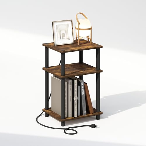 Image of Furinno JUST Night Stand, 3-Tier Turn-N-Tube Nightstand with Charging Station, Bedside Table, End Table, Side Table with USB and Type-C Port, for Bedroom, Closet, Dorm, Amber Pine