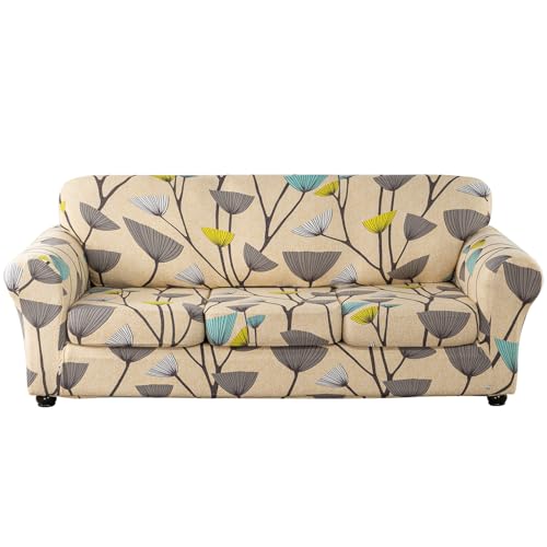 Lamberia Printed Sofa Cover for 3 Cushion Couch High Stretch Sofa Slipcovers 4 Piece Sofa Slipcover with Three Separate Cushion Covers Elastic Bottom Floral Pattern (Dandelion, Sofa)