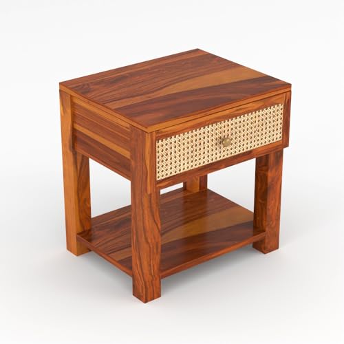 Image of Solid Sheesham Wood Bedside Table with Cane Rattan Drawer & Open Storage Shelf | Wooden Nightstand for Bedroom, Living Room & Guest Room (Honey Finish)