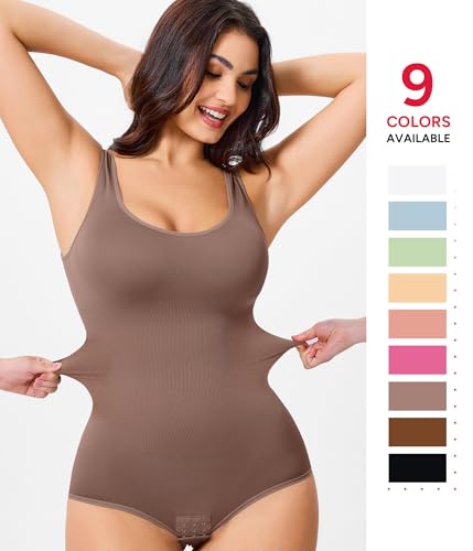 Nebility Womens' Waist Trainer Seamless Round Neck Tummy Control Shapewear Bodysuit (Brown, XS/S)