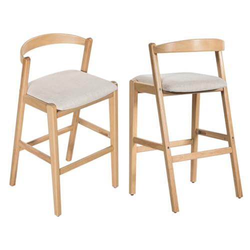 Butacos Altura Barra Modernos, Juego de 2, Estructura de Madera de Caucho Natural, Asiento Tapizado en Poliéster Beige, Apoyo Lumbar Ergonómico y Reposapiés, para Cocina e Isla miniatura 7
