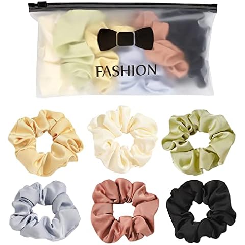 Satin Hair Scrunchies for Women, FenFang 6 Colours Set Large Silk Elastic Hair Ties, Soft Fabric Ponytail Holders for Thick Thin Hair, Hair Bands Bobbles Accessories Decorations Black for Ladies Girls Cover