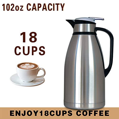 Thermal Coffee Carafe 102Oz, Goteble Double Wall Vacuum Flask, 3L Large Capacity Suitable For Large Family And Small Party Silver #TOP1
