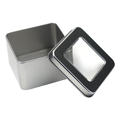 6-Pack of 8 Ounce Metal Box Square Rectangle Storage Tin Container Set with Large Clear Window Lids 3.5" x 3.5 inch base x 2" inches tall - Thumbnail 4