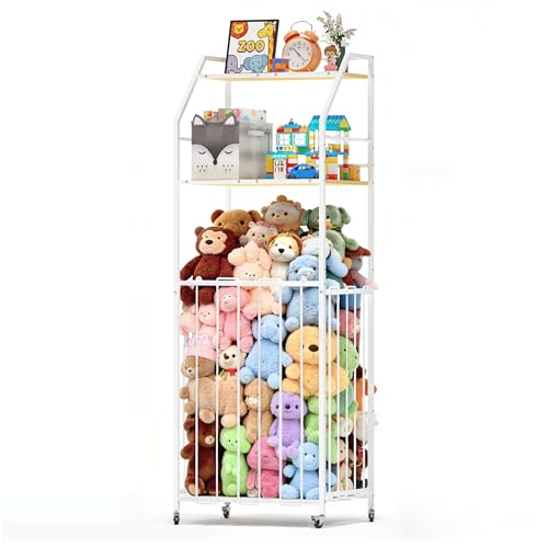 Yoimori Stuffed Animal Storage Zoo 3 Tier - Large Stuffed Animals Holder Wood and Metal Plush Toy Storage with Brake Wheels Space Saver for Kids Playroom Bedroom Nursery(57.9”H)