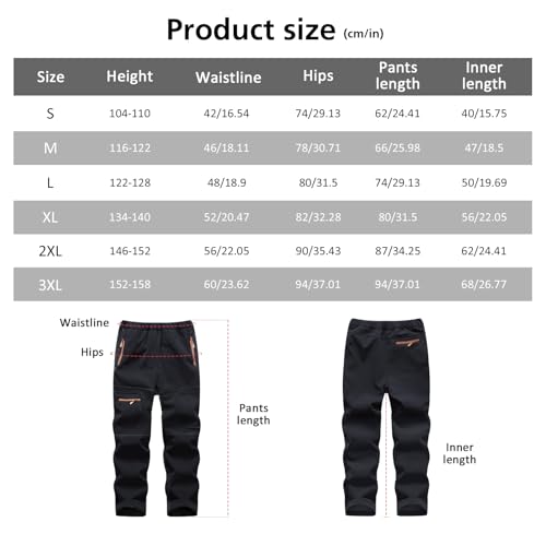 BWBIKE Kids Boy's Snow Waterproof Windproof Trousers Youth Outdoor Fleece Lind Hiking Softshell Warm Insulated Trousers with 4 Zipper Pockets Black - Image 7