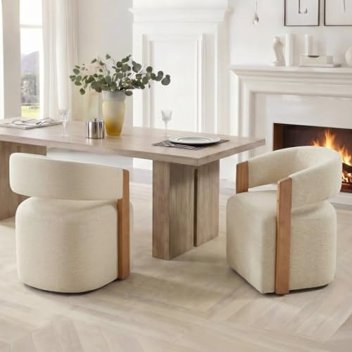 Image of KISLOT Upholstered Dining Chairs Set of 2, Modern Wooden Arm Kitchen & Dining Room Chairs with Hidden Casters, Fabric Padded Rolling Chairs, Sturdy Wood Frame, 300 lbs Capacity, Sand