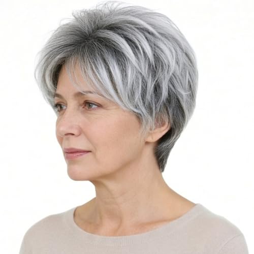 Becus Parrucca Donna Pixie Cut Parrucca Grigia Corta Full Natural Layer Straight Fluffy Parrucche Sintetiche Parrucche Grigie con Radici Grigie per le Donne (Ombre Sliver Grey)