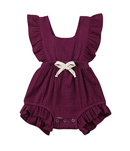 Qiylii Infant Baby Girl Ruffle Sleeve Romper One-Piece Bowknot Cotton Bodysuit Jumpsuit Outfit Clothes (12-18 Months, Dark Purple)