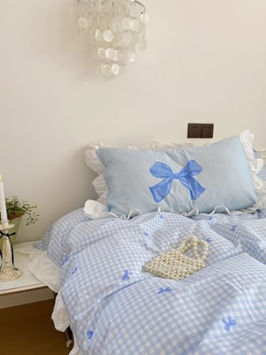 QSYEDR Blue White Check Ruffle Duvet Cover Super King,Aesthetic Blue Bow Frills Bedding Set with Pillowcase,Soft Microfibre Quilt Cover for Kids Adult Bedroom Decor Super King - Image 4