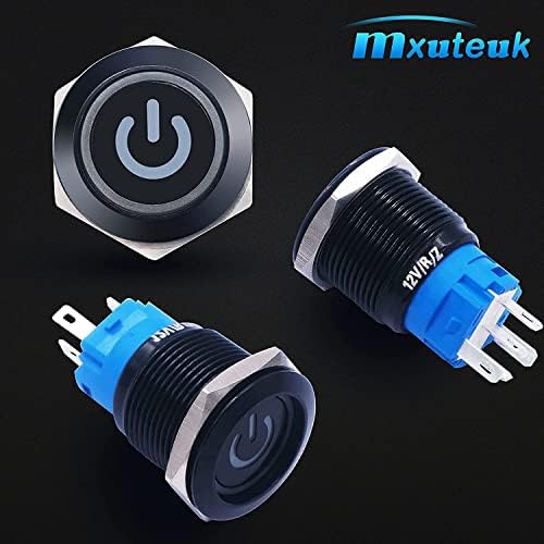 mxuteuk 19mm Latching Push Button Switch 1 NO 1 NC SPDT ON/OFF Black Metal Shell with 12v Red Power Symbol Light With Wire Socket Plug Suitable for 3/4" Mounting Hole Self-Locking L-19-POWER-B-R