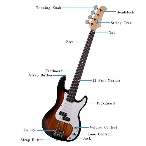 Vasitelan Electric Bass Guitar Full Size 4 String 46 Inch Bass (Brown)
