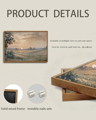 Image of KISSFOX Vintage Framed Wall Art Decor Rustic Landscape Pictures Wall Decor Countryside Sunset Scenery Canvas Art Prints Neutral Modern Farmhouse Paintings Artwork For Bedroom Kitchen Living Room