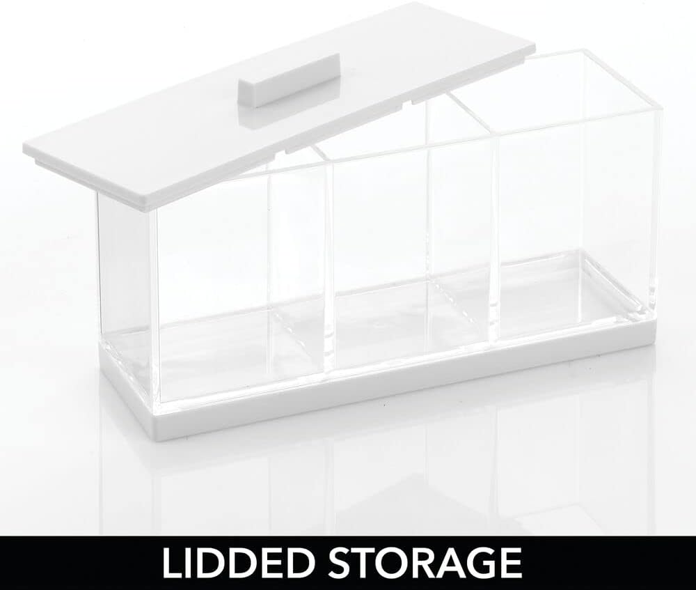 mDesign Cosmetic Divided Organizer Storage Canister Box with 3 Sections and Lid for Bathroom Vanity Countertop - Holder for Cotton Swabs, Perfume, Lipstick - Lumiere Collection - Clear/White