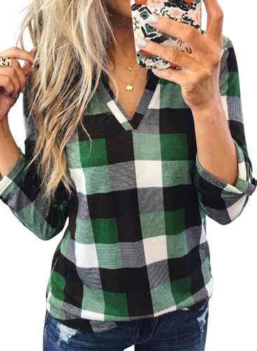 Image of Dokotoo Womens Tops Plaid Cotton Cuffed 3 /4 Sleeve Shirts Blouses