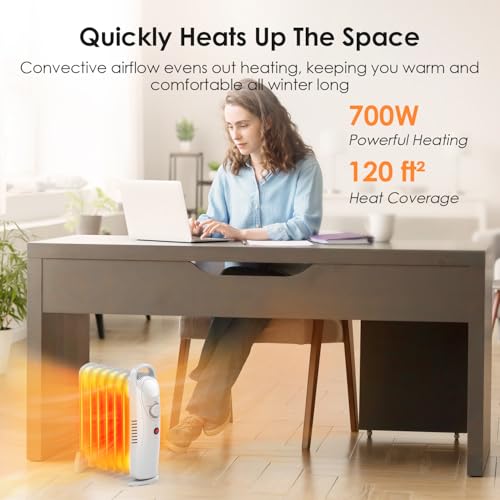 Air Choice 700W Oil Filled Radiator Heater, Oil Heaters for Indoor Use with Adjustable Thermostat & 2 Heat Settings, Overheat Protection, Ultra Quiet, Small Space Heater for Bedroom Office Desk, White