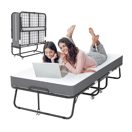 Superday Folding Bed with Mattress, 75" x 31" Folded Bed, Roll Away Beds with Mattresses for Adults, Portable Roll Away Guest Beds for Easy Storage, Space-Saving Sturdy Metal Frame