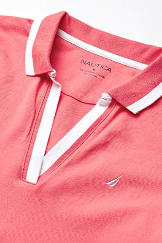Nautica Women's Classic Fit Striped V-Neck Collar Stretch Cotton Polo Shirt, Rouge Pink, Medium #TOP5