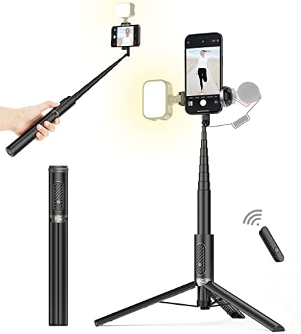KraftGeek Tripod for Phone Selfie Stick Tripod with Remote for iPhone, Android Phones with 2 Cold Shoes for Light and Microphone(not Included), Extendable to 5 Feet, Made of Aluminum