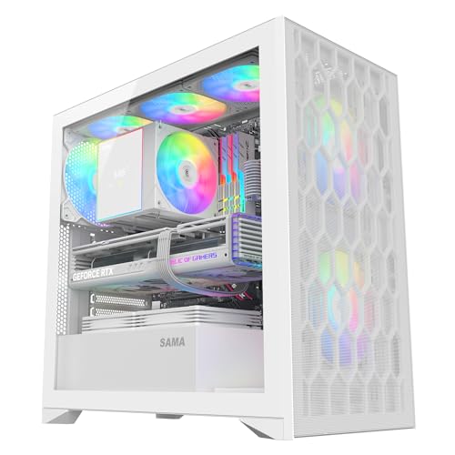 SAMA V Mesh Mid Tower PC Case - High Airflow PC Gaming Case Mesh Front Panel & Tempered Glass Side Panel, 3x140mm ARGB PWM Fans Pre-Installed, Supports ATX/M-ATX/ITX - White