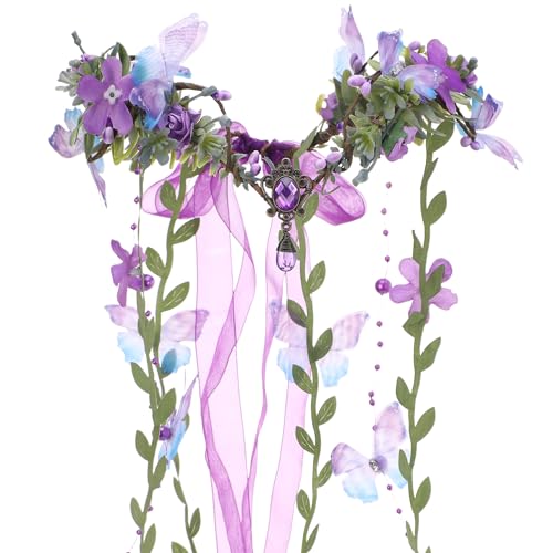 MOSTORY Purple Flower Fairy Crown - Woodland Floral Crown with Butterflies and Vines for Women Renfaire Accessories, Forest Elf Circlet for Renfaire Fantasy Elven Cosplay Fairycore