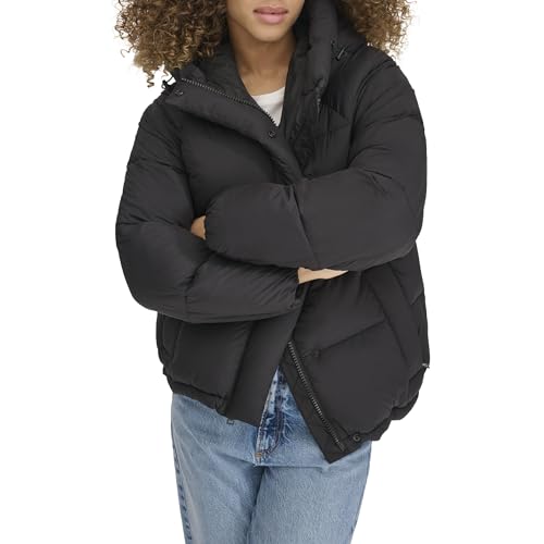 Dockers Women's Water Resistant Quilted Bubble Puffer Jacket with Hood, Black