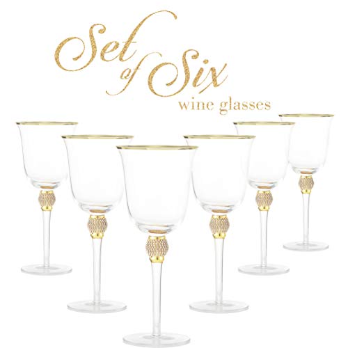 Berkware Set Of 6 Wine Glasses - Luxurious And Elegant Sparkling Studded Long Stem Rosé And White Wine Glass With Gold Rim #TOP1