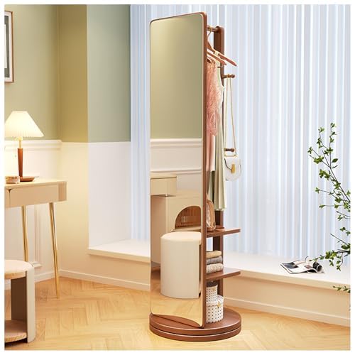 Espejo de piso de longitud completa con giro de 360°, perchero y estantes, organizador de vestidor de madera maciza para dormitorio y sala de estar