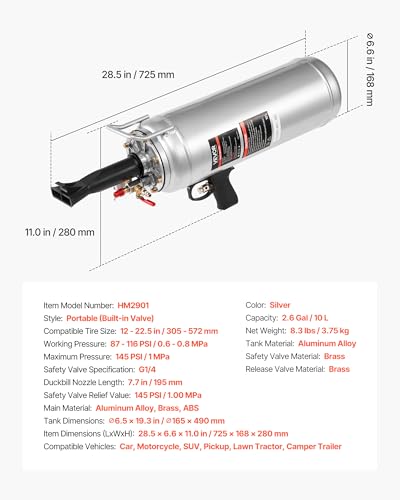 Image of VEVOR Portable Tire Bead Seater, 2.6 Gal /10 L Air Bead Blaster, Handheld Tire Inflator Tool, 87-116 PSI Operating Pressure, Trigger Seating Inflator for Car, Compact SUV, Light Truck, E-Bike, RV, ATV