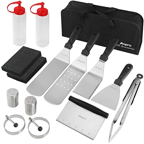Anpro Griddle Accessories,15 Pcs Anti-Scalding Long Handle Flat Top Griddle Accessories Set For Blackstone,Stainless Steel Bbq Accessories W/Spatula, Basting Cover,Tongs,Egg Mold & Carry Bag #TOP16