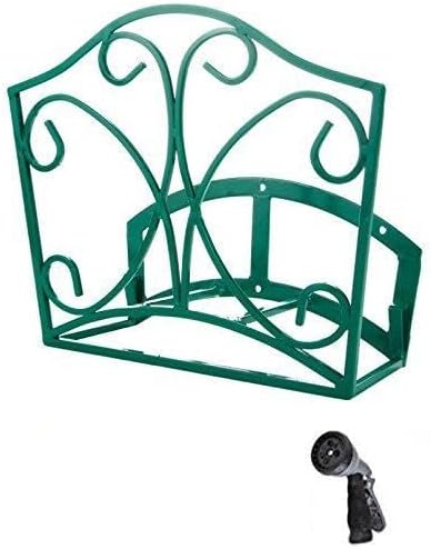 Garden Hose Holder - Decorative Green Wall Mount Hanger Rack Including Spray Nozzle