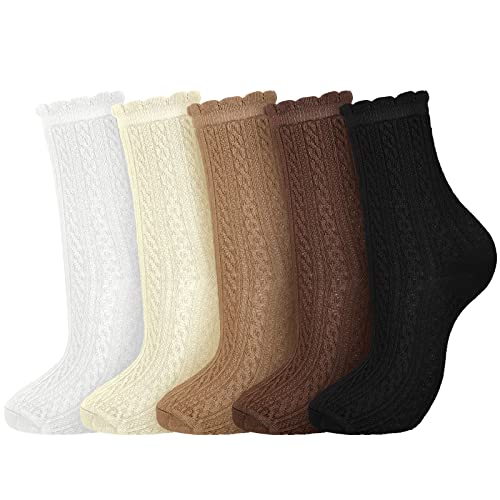 Geyoga 5 Pairs Ankle Ruffle Socks for Women Cute Cotton Soft Breathable Cool Crew Frilly Plush Socks