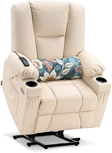 MCombo Electric Power Lift Recliner Chair with Extended Footrest for Elderly People, 3 Positions, Hand Remote Control, Lumbar Pillow, 2 Cup Holders, USB Ports, Faux Leather 7507 (Cream White)