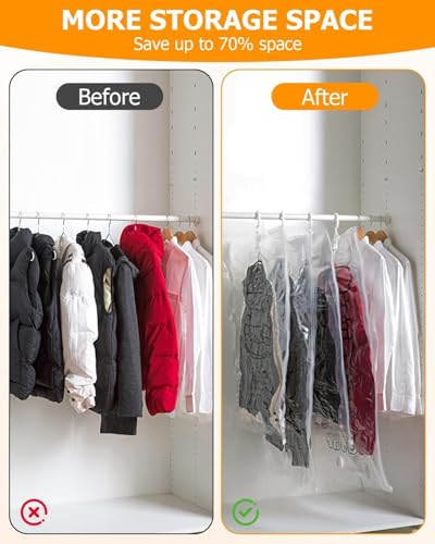 Tixexo 6 Hängend Vakuumbeutel für Kleidung, Vakuum Kleiderbeutel mit Kleiderhaken, Kleidung Platz Sparen für Kleider, Anzüge, Mäntel, Jacken（105x70cm+135x70cm）