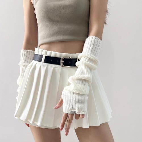DUNKOING Cute Knitted Arm Warmer Kawaii Y2K Long Arm Sleeve Japanese Harajuku Goth Fingerless Sleeve for Women Girls (White-1)