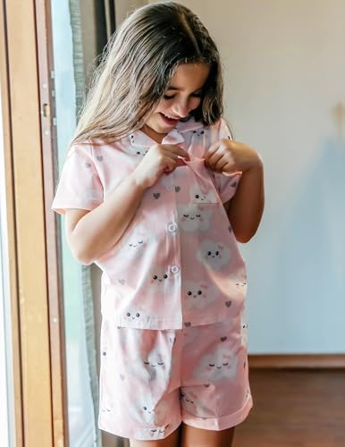 Image of Arshiner Girls Pajamas Sets Short Sleeve Kids Pjs Button Down Sleepwear | Cute Printed Pajamas for Little & Big Girl, Lightweight Comfy Fabric, 2-Piece Outfits, Perfect for Lounge Pajamas Party