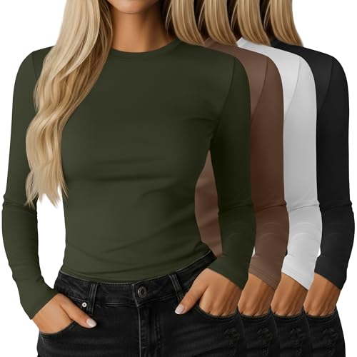 Ficerd 4 Pack Women's Long Sleeve Tight Shirts Cotton Fitted