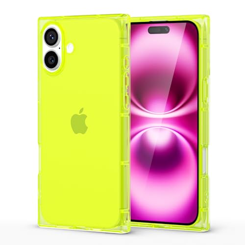 LoeoeL for iPhone 16 Plus Clear Case Rectangle Edge, Slim Thin Transparent Girly Y2k Cute Designer Phone Case for Women, Trendy Aesthetic Design Soft TPU Silicone Cover, Bright Neon Green