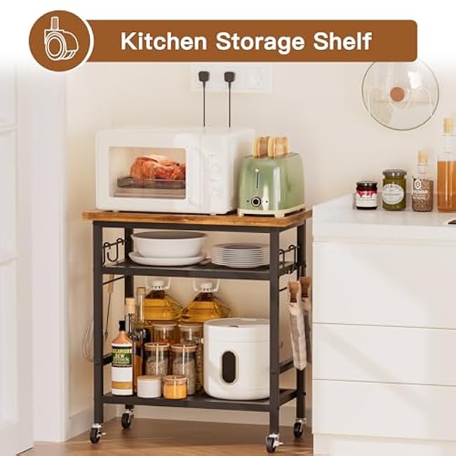 Rolling Cart Kitchen Cart, 3 Tier Microwave Cart Stand, Bathroom Organizers and Storage, Small Coffee Carts with Wheels, Shelf Rack Organizer, Coffee Bar Cart Black for Living Room Office, Brown-BJgTniQa