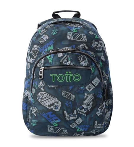 TOTTO - Mochila Escolar Adaptable a Carro, Modelo Acuareles Glitter, Capacidad 20L, Bolsillo para Pc 14, 2 Bolsillo Botella, Espaldar Ergonómico con Flujo de Aire, Correas en S, Estampado Button Azul