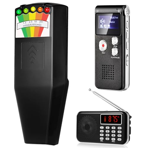 Relaxweex 3 Pcs Ghost Hunting Equipment Kit Includes 1 Pcs 8GB Audio Recorder 1 Pcs Emf Detector Emf Meter Magnetic Field Detector 1 Pcs Fm Radio EVP Recorder for Paranormal Research(Emf Meter2)