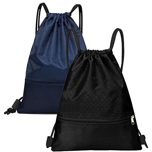 kuou String Swim PE Bag, Sport Gym Sack Drawstring Bag Waterproof Drawstring Sport Bag with Outside Zipper for Sports Beach Holidays Swimming Travel, Ab-black+dark Blue