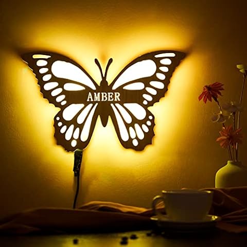 VEELU Personalized Wooden Cute Butterfly LED Lamp with Name Decor Night Light with 16 Colors Remote Control Custom Natural Wall Sconce Acrylic Engraved Wooden Wall Lamp for Kids Girl Room Gift Cover