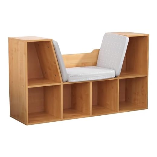 KidKraft Wooden Bookcase with Reading Nook, Storage and Gray Cushion - Natural