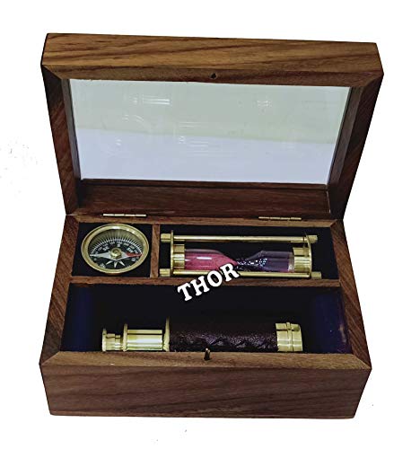 THOR INSTRUMENTS Nautische einzigartige Hand-Piraten-Messing-Teleskop-Kompass-Sanduhr mit handgefertigter Holzbox, Heimdekoration, rustikale Vintage-Heimdekoration, Geschenke