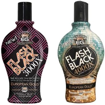 Bundle Set of 2: European Gold Flash Black 3000X Indoor Tanning Lotion with Time-Release DHA Bronzers, 12 oz and European Gold Flash Black 4000X Indoor Tanning Lotion with Time-Release DHA Bronzers