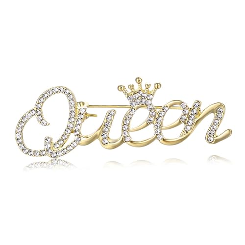 Image of Rhinestone Crown Queen Brooch Pin,Gold Silver Crystal Letters Queen Suit Lapel Pin Queen Badge Pin Jewelry for Women Girls Gifts