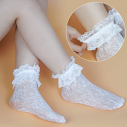 Fengek 4 Pairs Women Lace Ruffle Socks, Lace Ankle Socks Casual Fashion Ruffle Socks For Women Girls Dress, 3 Colors #TOP3