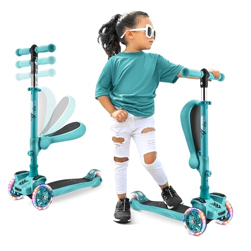 Hurtle Kinderroller mit Sitz – 3-Rad Roller ab 2 Jahren mit LED Rädern, Höhenverstellbar, Tretroller für Kinder 2–6 Jahre Klappsitz abnehmbar Indoor Outdoor Nutzung bis 60 kg