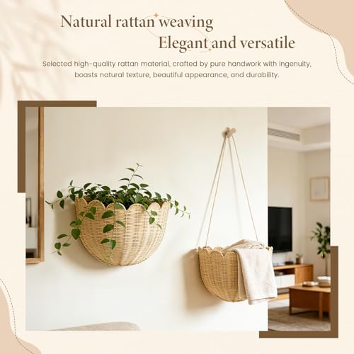 Natural Handwoven Scalloped Wall Basket Set of 2, Premium Rattan Wicker Wall Hanging Organizer for Boho Home Decor, Decorative Wall Storage for Bathroom, Entryway, Living Room & Craft Room by Generic - Image 3